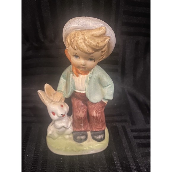 Vintage Norleans Japan Boy with Bunny rabbit Figurine Easter home decor - Picture 1 of 6